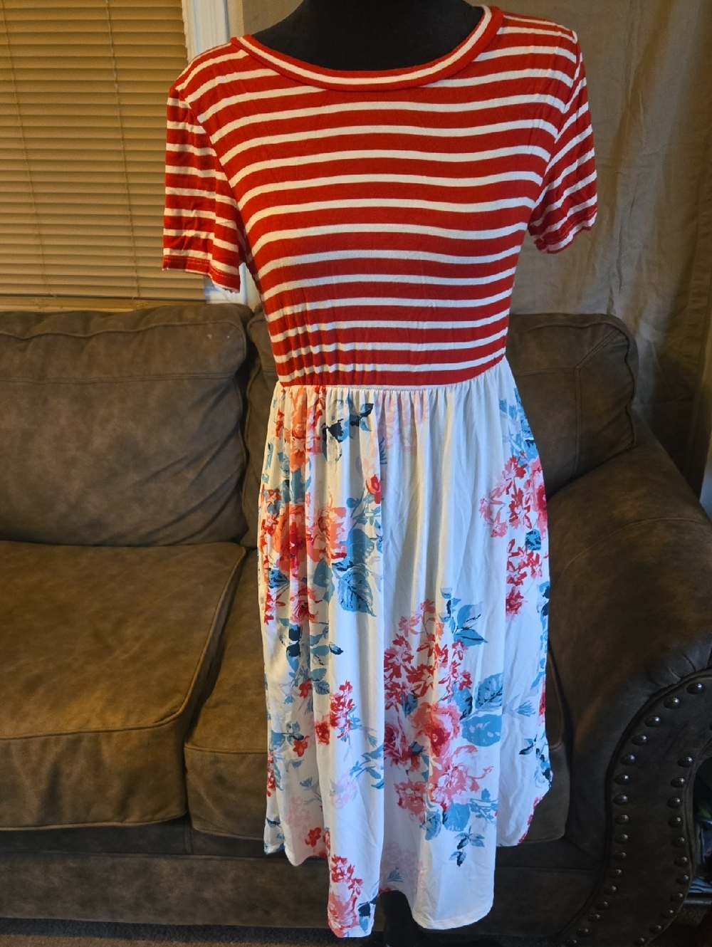 Striped Red & Floral White Women's Midi Dress